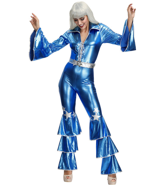 Retro Disco Diva Cosplay Costume – Shiny Blue 70s Halloween Jumpsuit