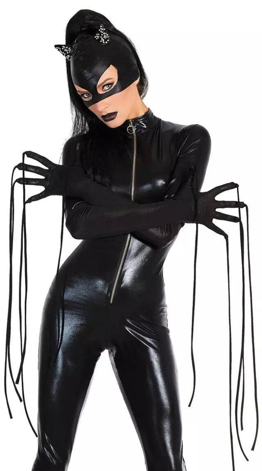 Halloween Patent Leather Jumpsuit – Sexy One-Piece Catwoman Cosplay Costume