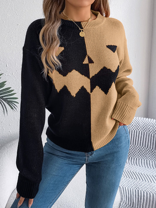 Halloween Contrast-Color Pullover Sweater – Cozy Knit, Spooky Chic – Pre-Order Drop ✨