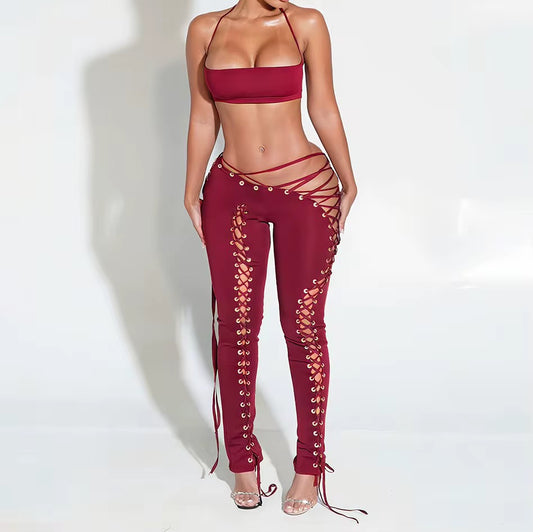 Sexy Halter Crop Top + Lace-Up Pants 2-Piece Set – Pre-Order Boutique Drop