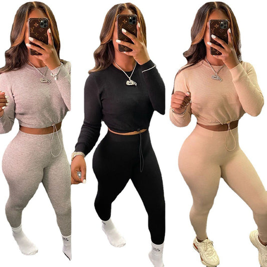 Casual Women’s Long Sleeve Pants Set – Solid 2-Piece Crop Top & High-Waist Pants Outfit