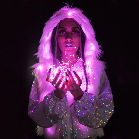 LED Faux Fur Hoodie Jacket – Light-Up Rave Coat – Festival & Halloween Nightclub Glam
